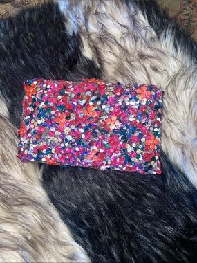 Beaded Floral Sequin Clutch - Pink Multi with chain for purse carry